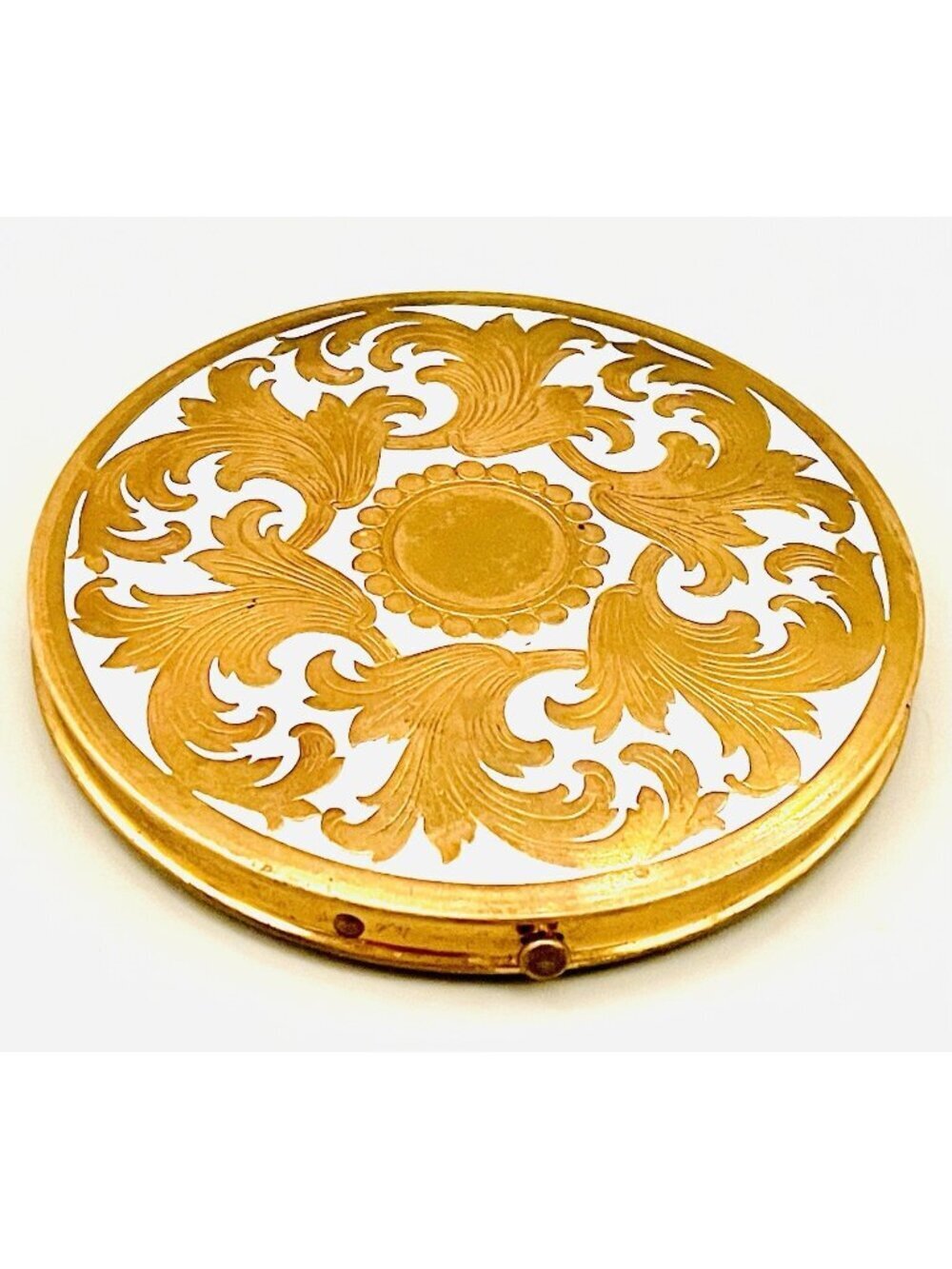 MCM REX Fifth Avenue Flapjack Powder Compact Floral White Enamel Embossed Brass